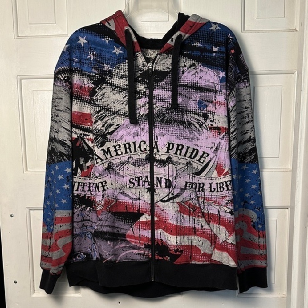 Club Chaos America Pride Eagle USA Flag Zip Front Sweatshirt Size Large